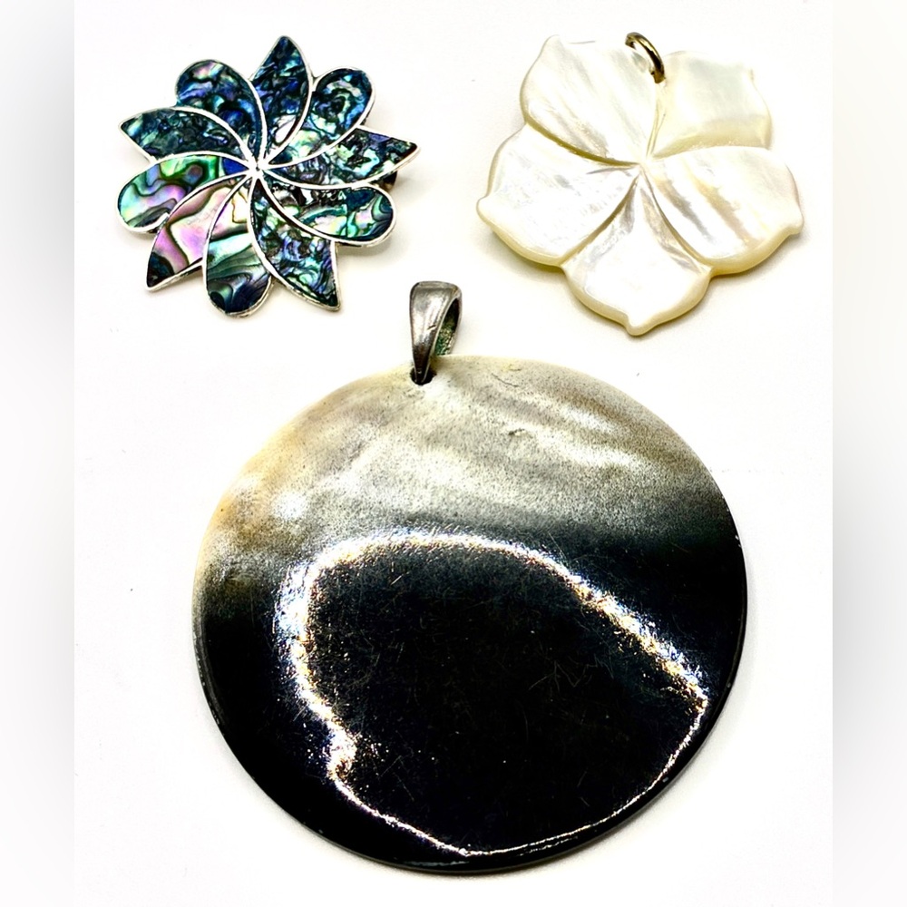 3 Vintage MOP & Abalone/Shell Pendants/Amulets Taxco 9.25 Sterling Silver